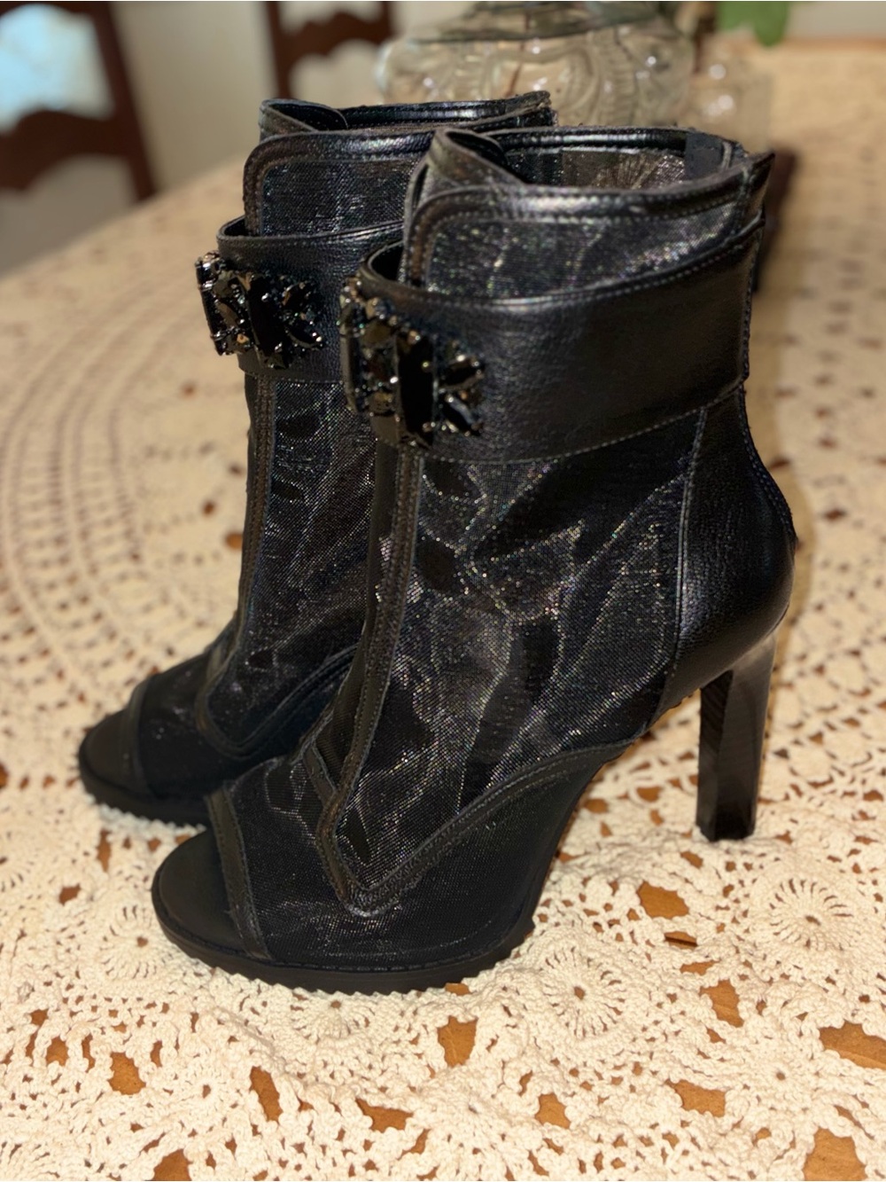 NWOT Karl Lagerfeld Paris Black Mesh Peep-Toe High Heel Booties - Picture 4 of 15